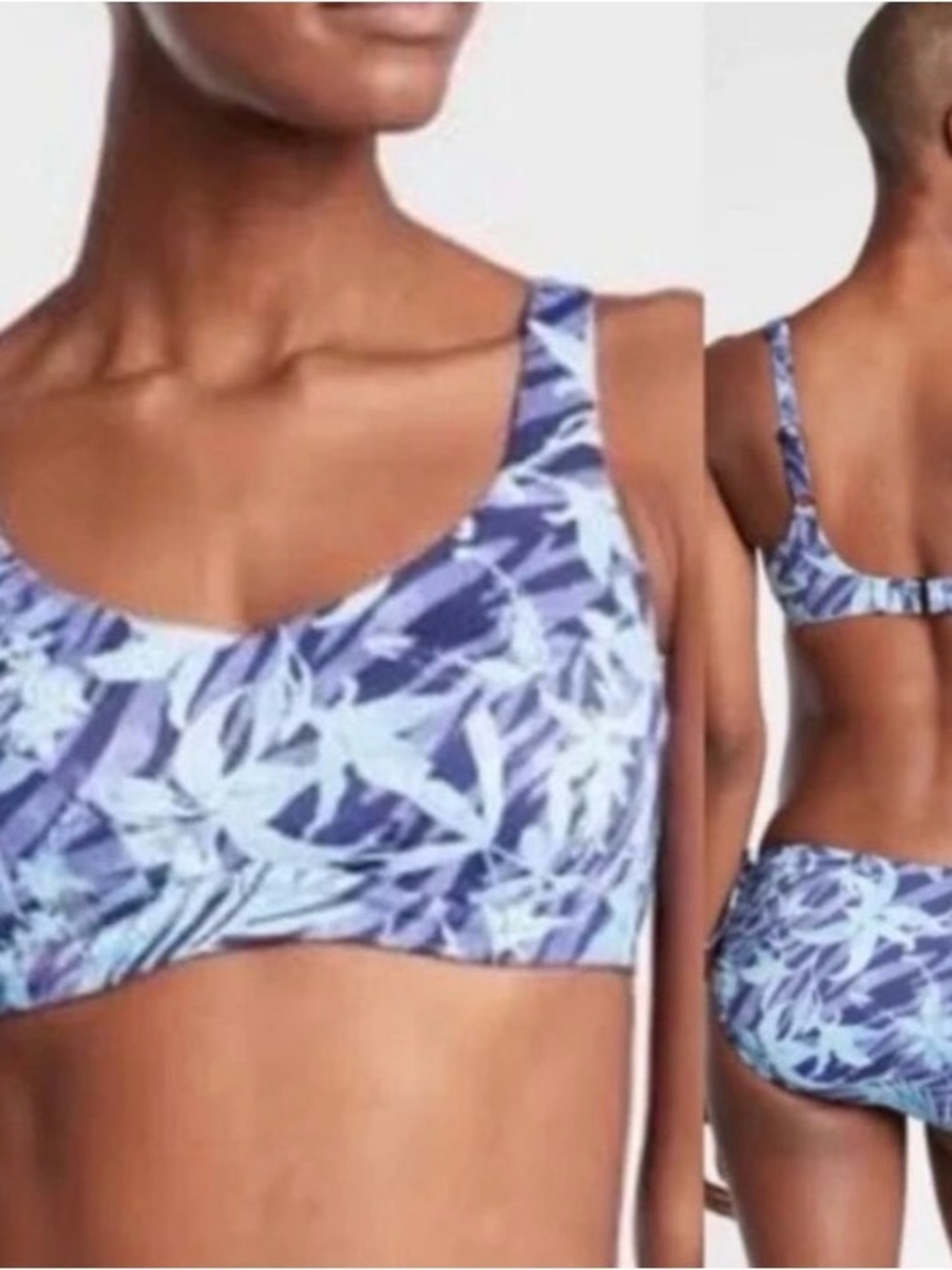 Athleta Bondi Bra Cup Blue and Light Blue Leaf-Print Bikini Top